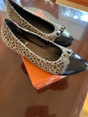AGL Leopard Print Flats with Black Patent Cap Toe and Silver Buckle